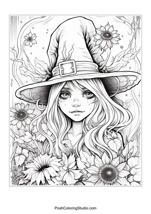 A witch with a hat and intricate floral designs around her.