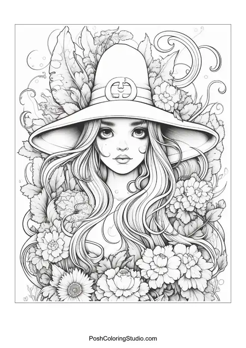 A witch with a hat and a floral crown, surrounded by flowers.