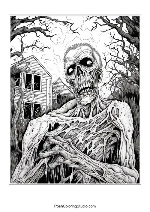 A zombie with a skeletal face and tangled hair.