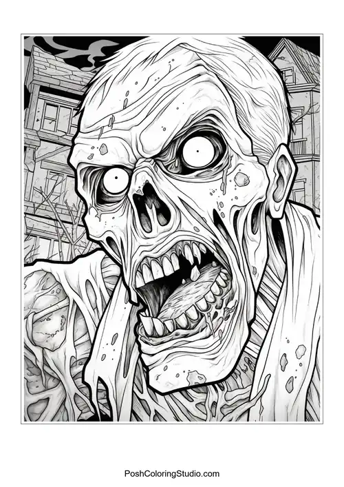 A zombie with a cracked skull and a menacing grin.
