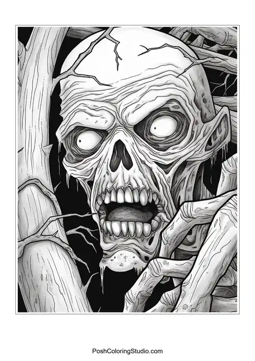 A zombie with a suit and a hand reaching out menacingly.