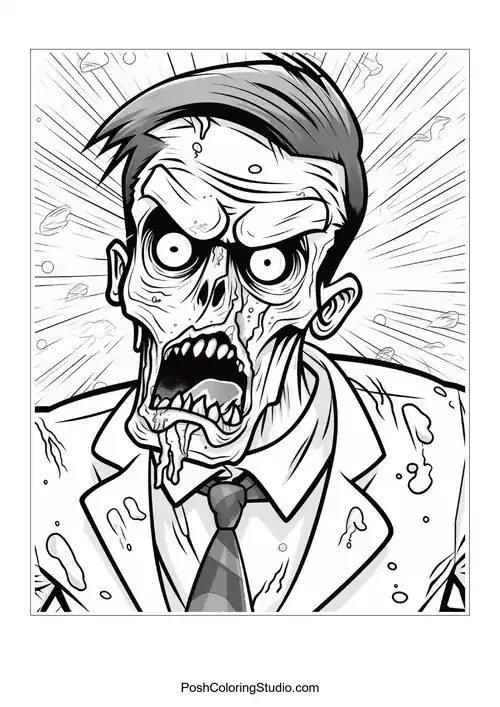 A zombie with a suit and a background of skulls.