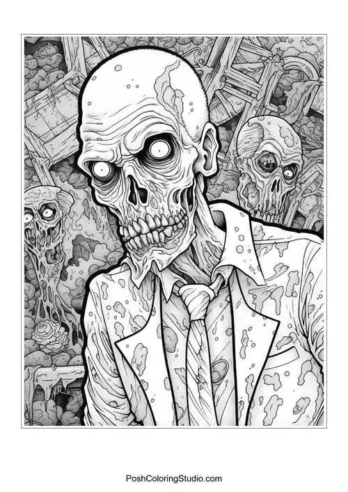 A zombie with a cracked skull and hollow eyes.