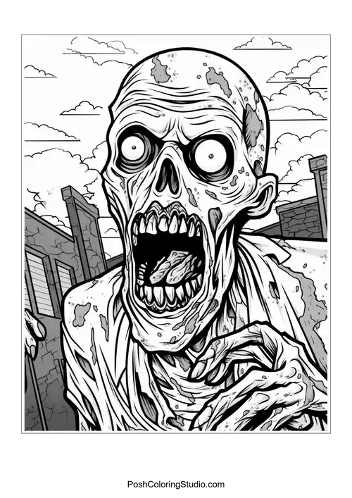 A zombie with a suit and a background of decaying buildings.