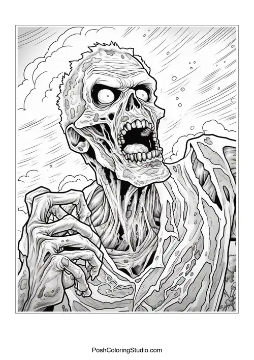 A decaying zombie with a skeletal hand reaching out.