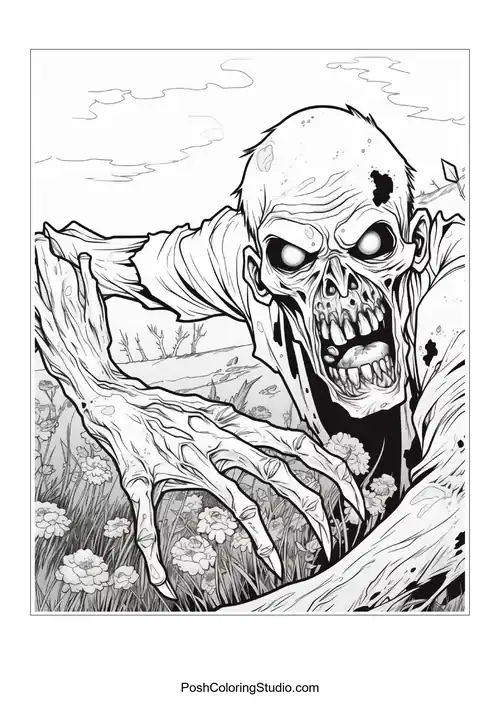 A zombie with a skeletal face and a shocked expression.