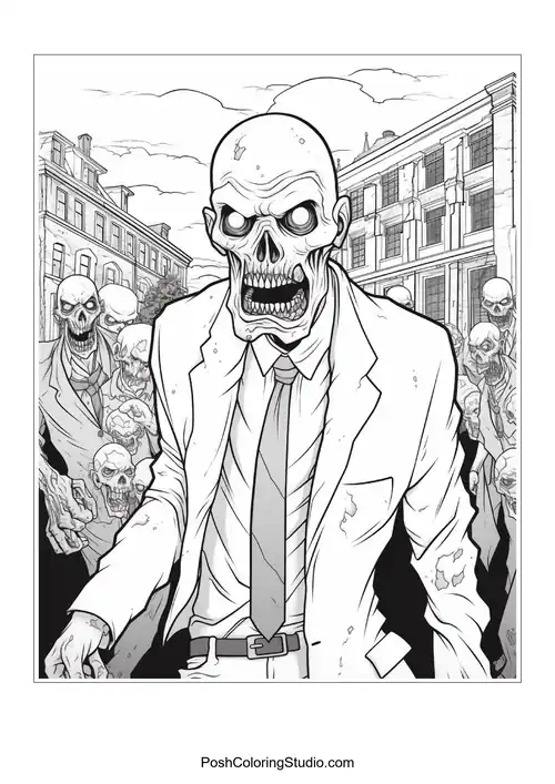 A zombie with a cracked skull and a wild hairstyle.