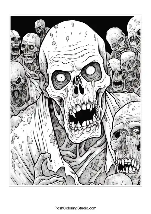 A zombie with a suit and a background of decaying buildings.