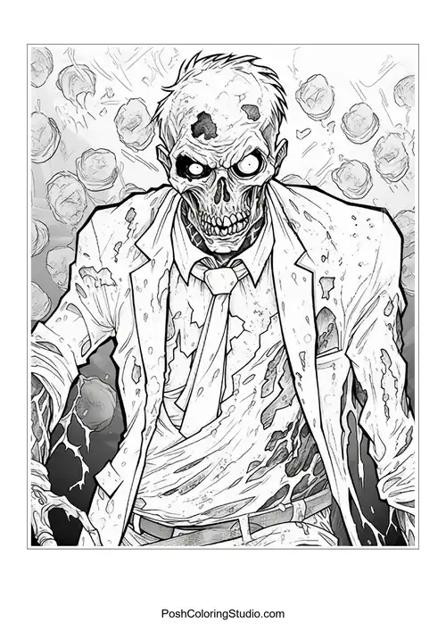 A zombie in a torn suit with a gaping mouth and hollow eyes.