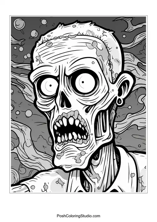 A zombie with a cracked skull and hollow eyes.