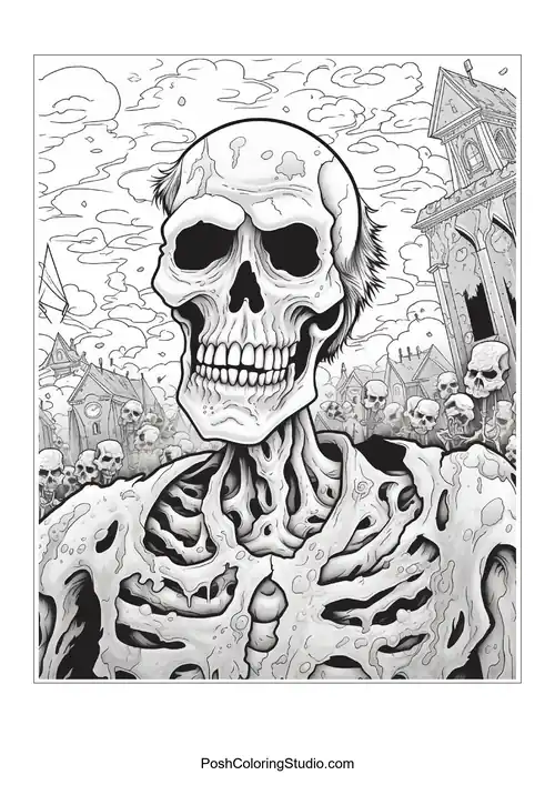 A zombie with a cracked skull and hollow eyes.