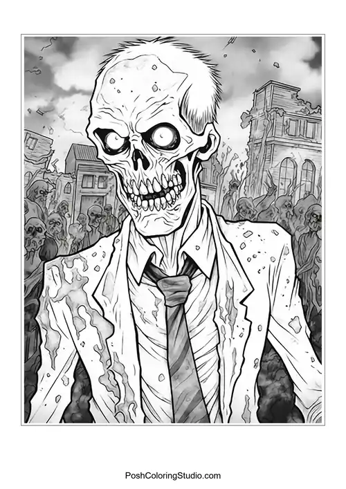 A zombie with a cracked skull and hollow eyes.