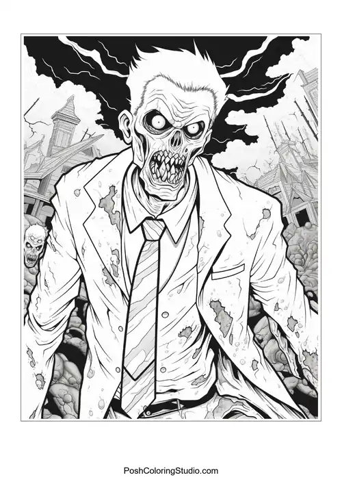A zombie with a cracked skull and hollow eyes.