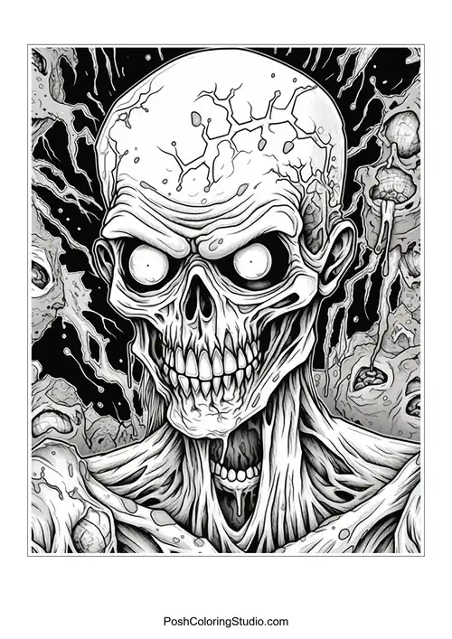 A zombie with a cracked skull and hollow eyes.
