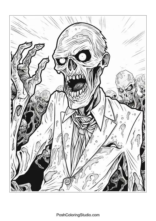 A zombie with a suit and a shocked expression.