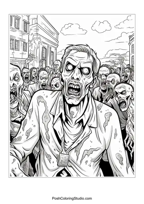 A zombie with a cracked skull and hollow eyes.