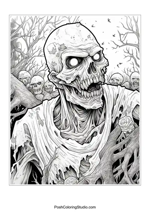 A zombie with a skeletal face and roses in the background.