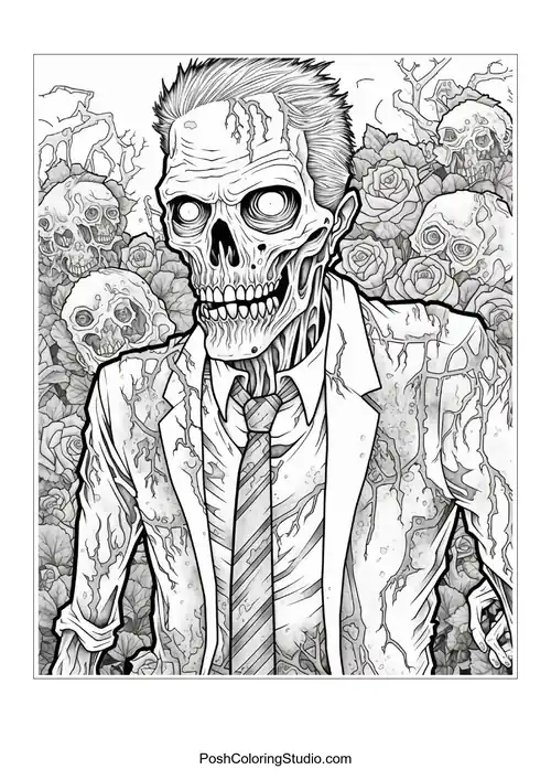 A zombie in a suit with a background of roses and skulls.