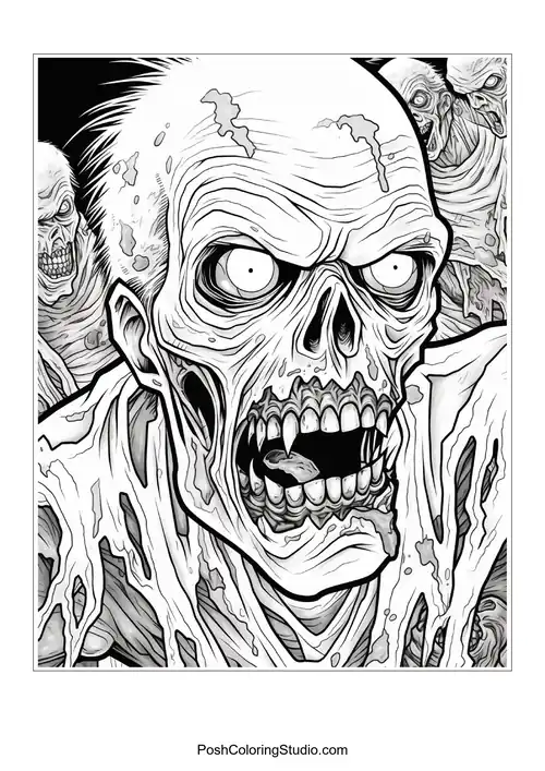 A close-up of a zombie with a terrifying expression.
