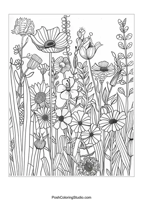 A vibrant garden scene with various flowers in bloom.