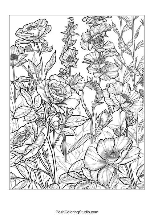 A detailed illustration of flowers and plants in a garden.