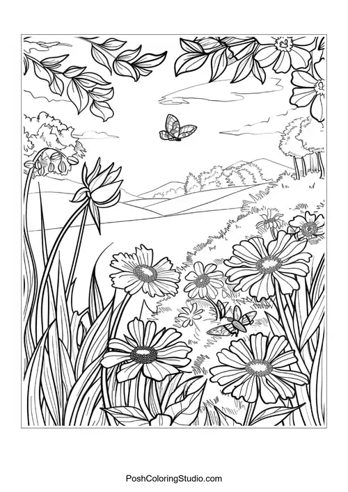 A meadow filled with flowers and butterflies in flight.