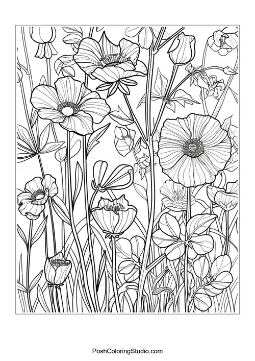 A detailed illustration of flowers and plants in a garden.