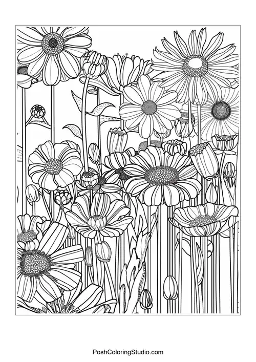 A vibrant garden scene with various flowers in bloom.
