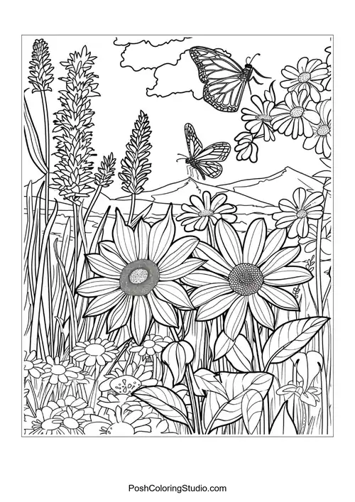 A river scene with flowers and butterflies in a natural setting.