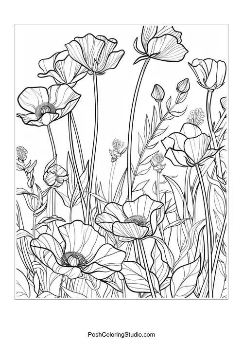 A garden scene with various flowers and gardening tools.