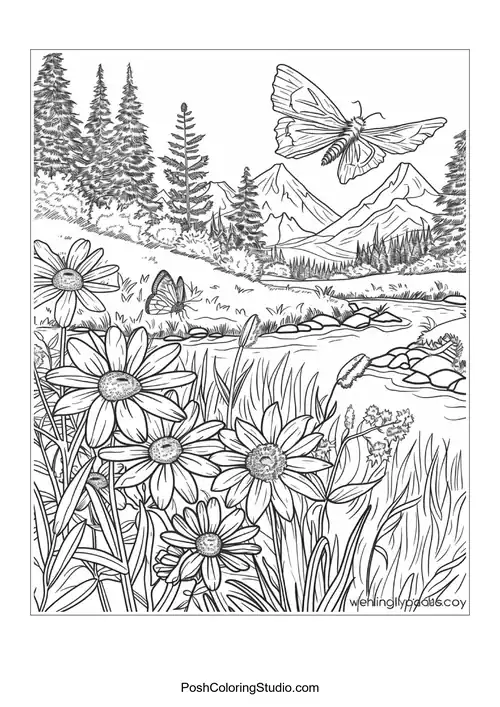 A tranquil river surrounded by various flowers and plants.