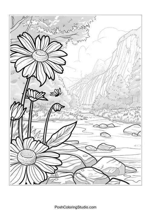 A scenic view of flowers and butterflies near a mountain.