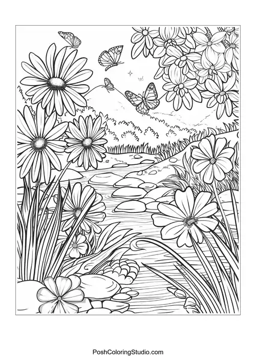 A vibrant scene of flowers and butterflies near a stream.