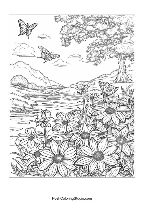 A garden scene with flowers and a watering can.
