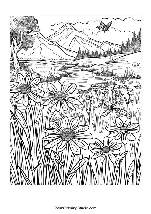 A scenic view with flowers and mountains in the background.