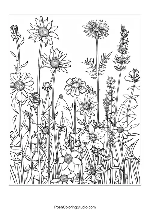 A garden scene with flowers and a watering can.