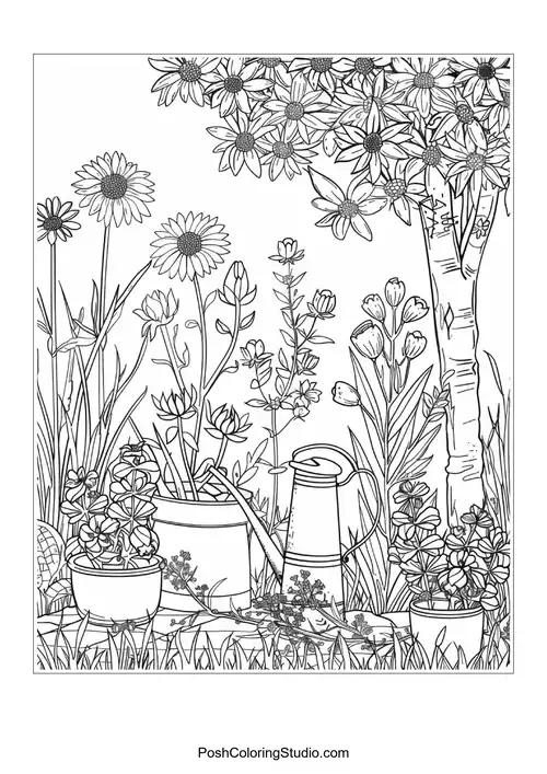 A collection of potted plants and flowers in a garden.