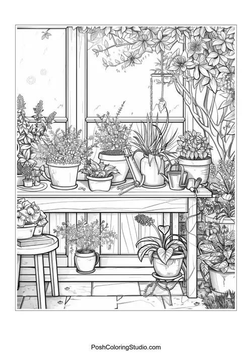 A collection of potted plants and flowers in a garden.