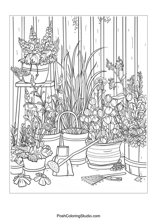 A detailed arrangement of potted plants and flowers.