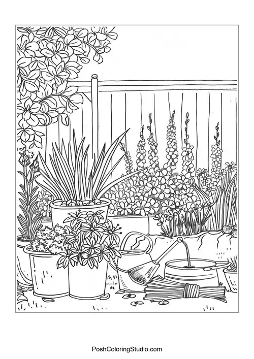 A collection of potted plants with a garden backdrop.