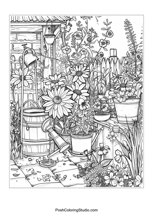 A rustic garden shed surrounded by blooming flowers.