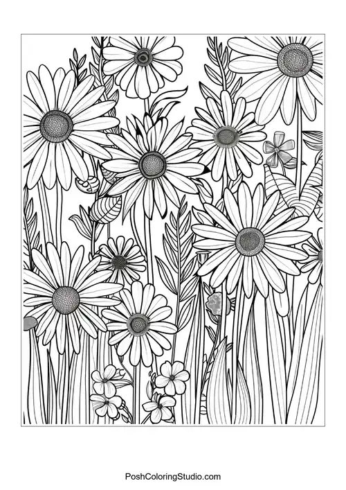 A field of flowers with intricate details and textures.