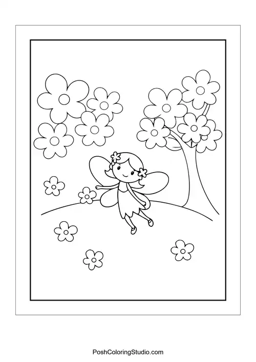 A fairy dancing among flowers and a tree.