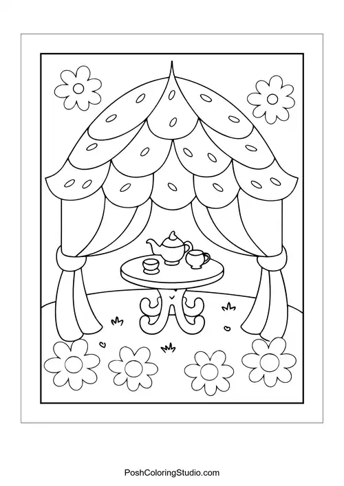 A tea set under a decorative canopy surrounded by flowers.