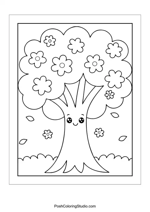 A smiling tree with flowers and falling leaves.