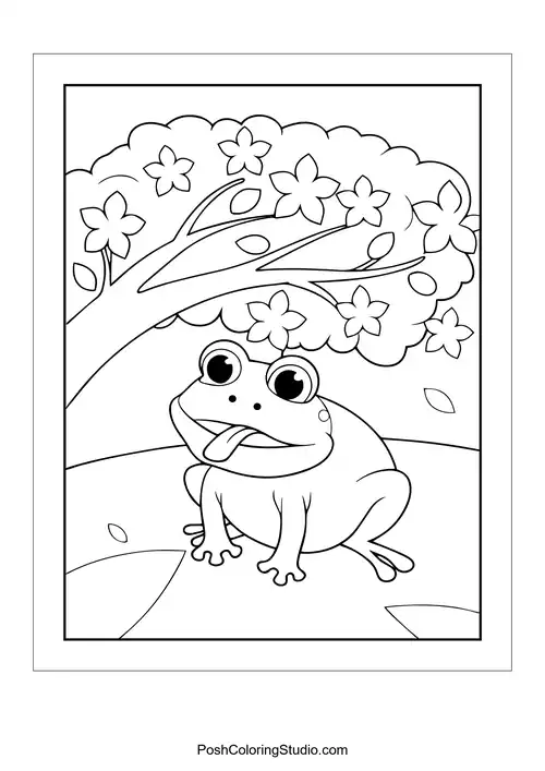 A frog sitting on the ground under a flowering tree.