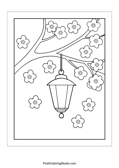 A lantern hanging from a branch with flowers.