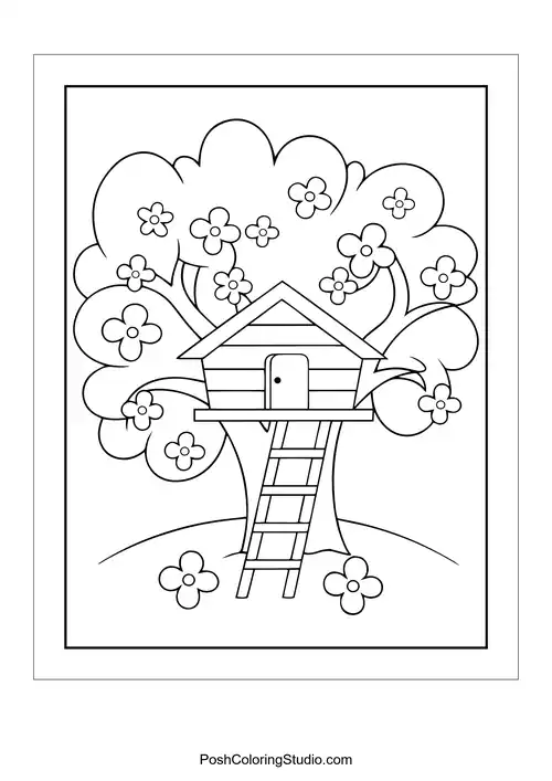 A treehouse in a tree surrounded by flowers.