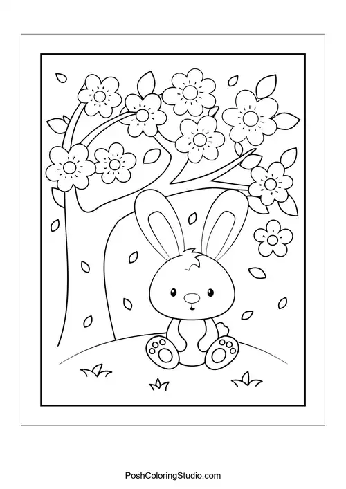 A bunny sitting in front of a flowering tree.