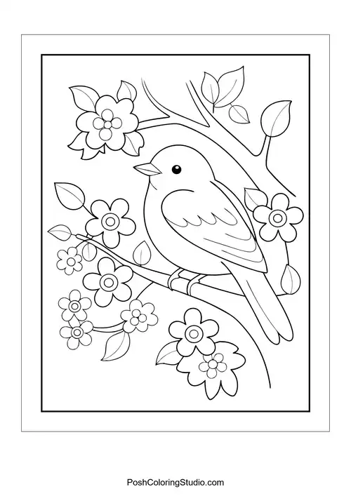 A bird perched on a branch with flowers.